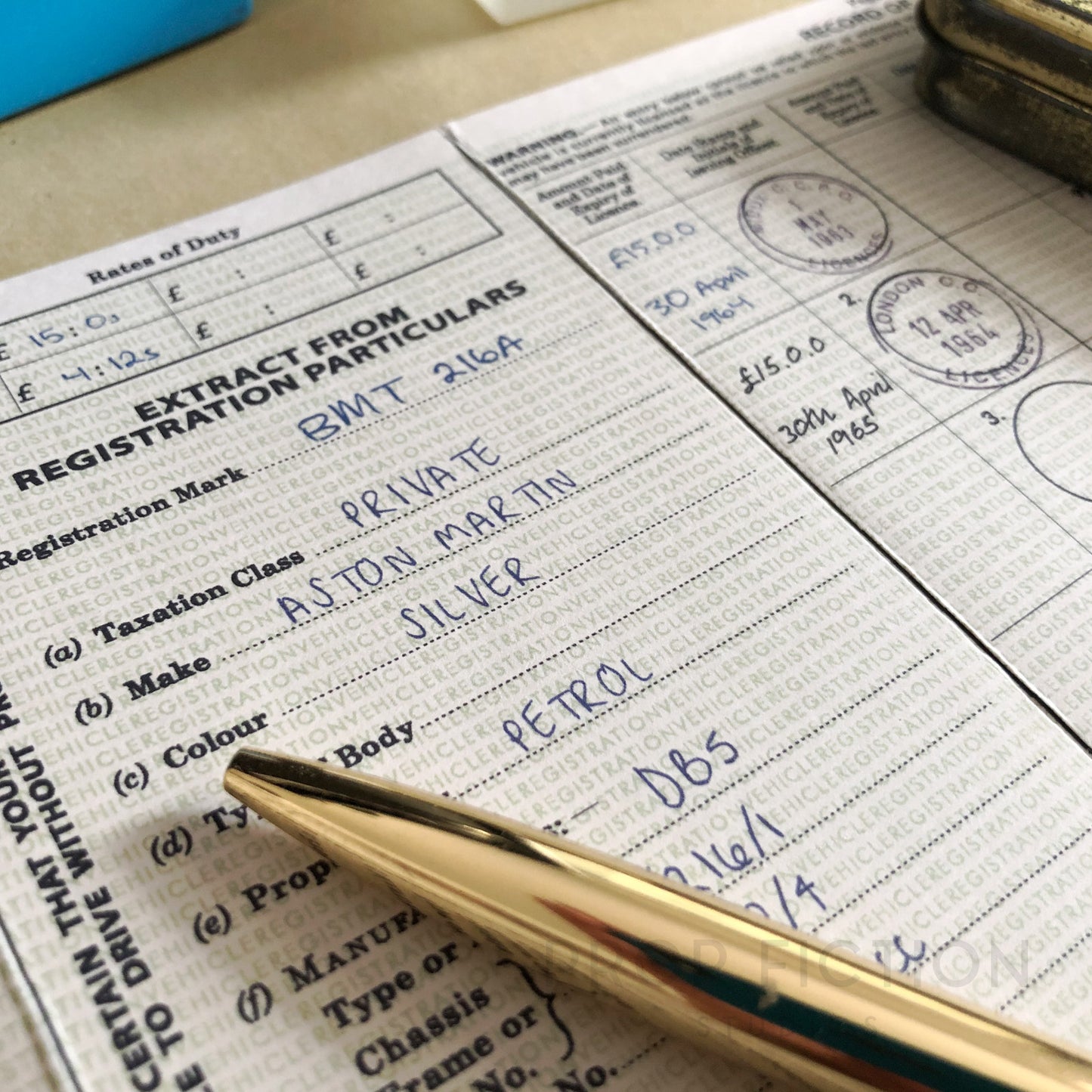 James Bond 007: Goldfinger - Prop 1960s Vintage Aston Martin DB5 / Cosplay Car Vehicle Log Book