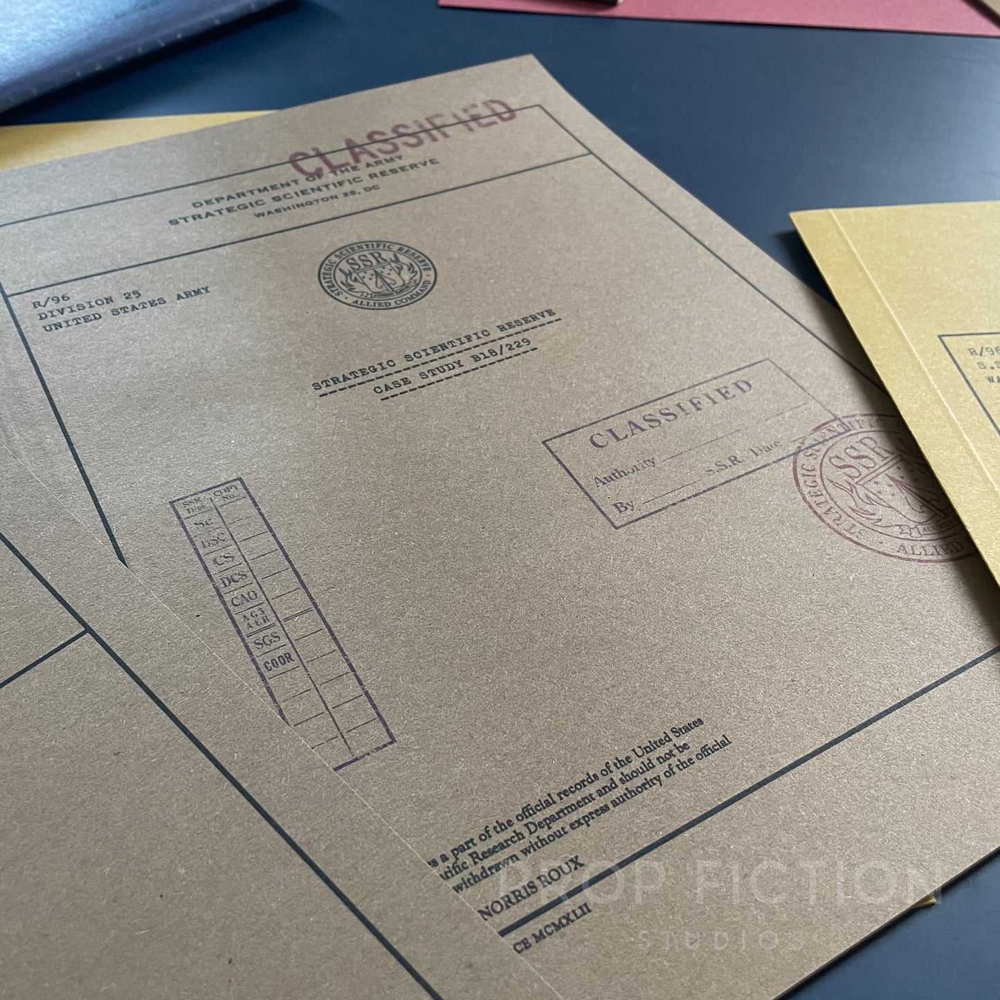 Movie Prop 1940s Secret Strategic Scientific Research Files / 4 x Cosplay SSR Folder Set
