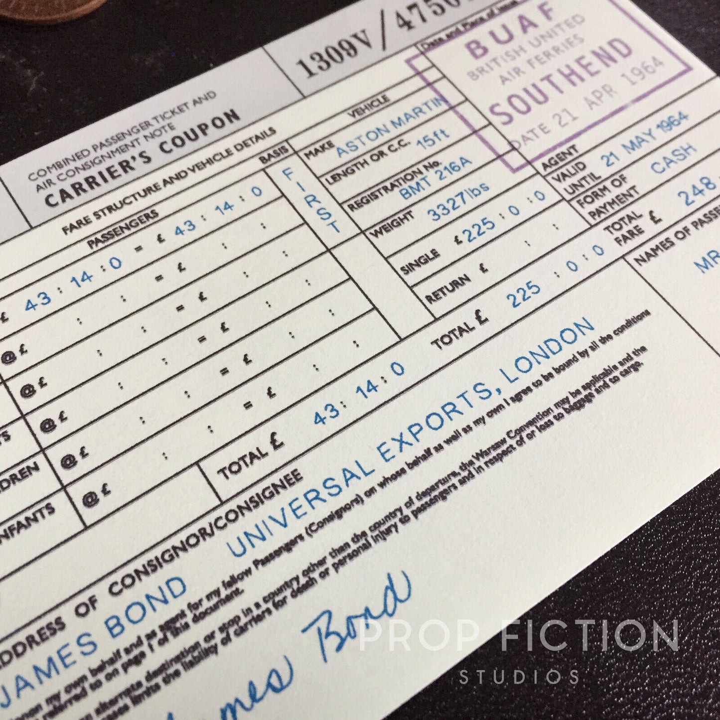 James Bond 007 Cosplay Display: Goldfinger - Prop BUAF British United 10-Page Airline Ticket