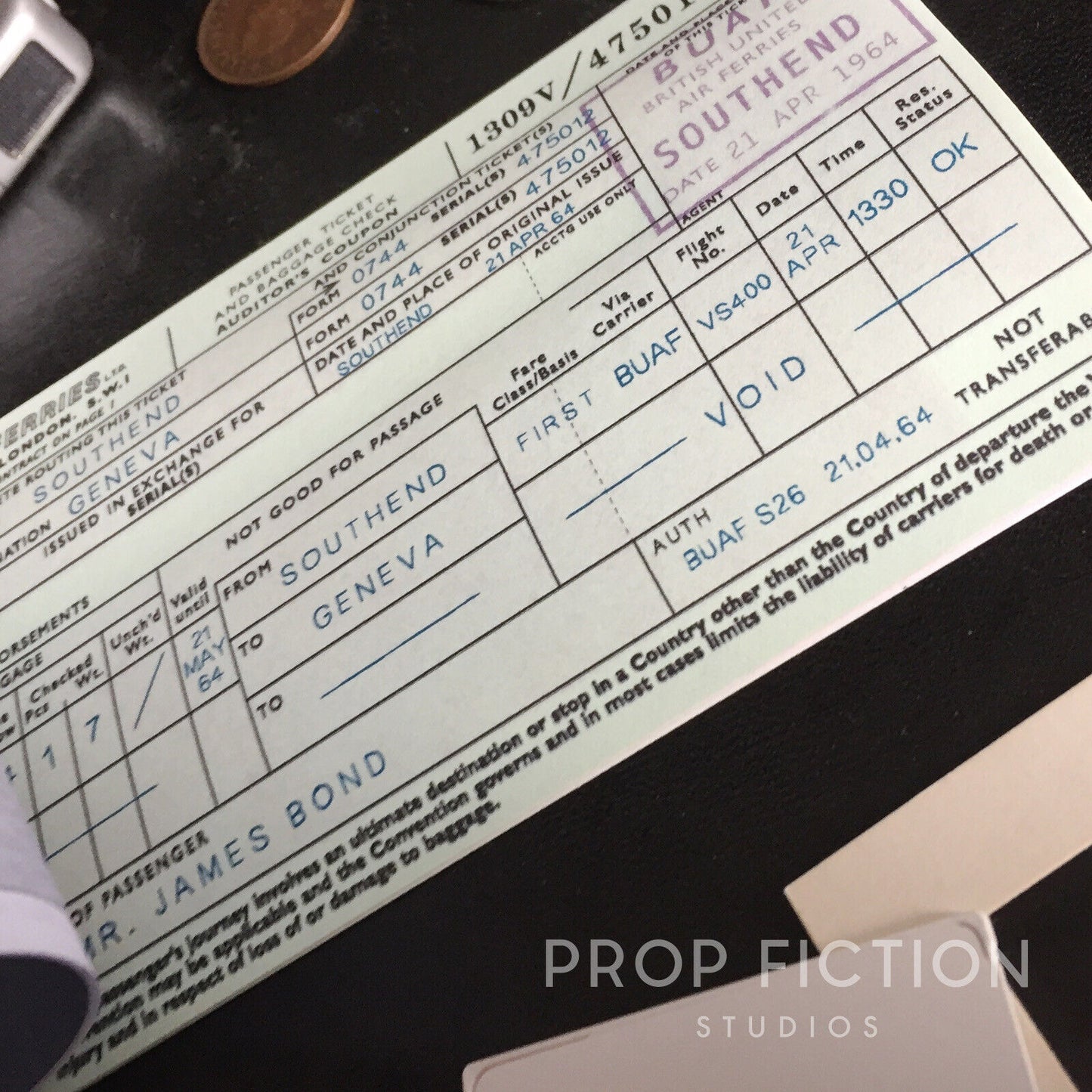 James Bond 007 Cosplay Display: Goldfinger - Prop BUAF British United 10-Page Airline Ticket