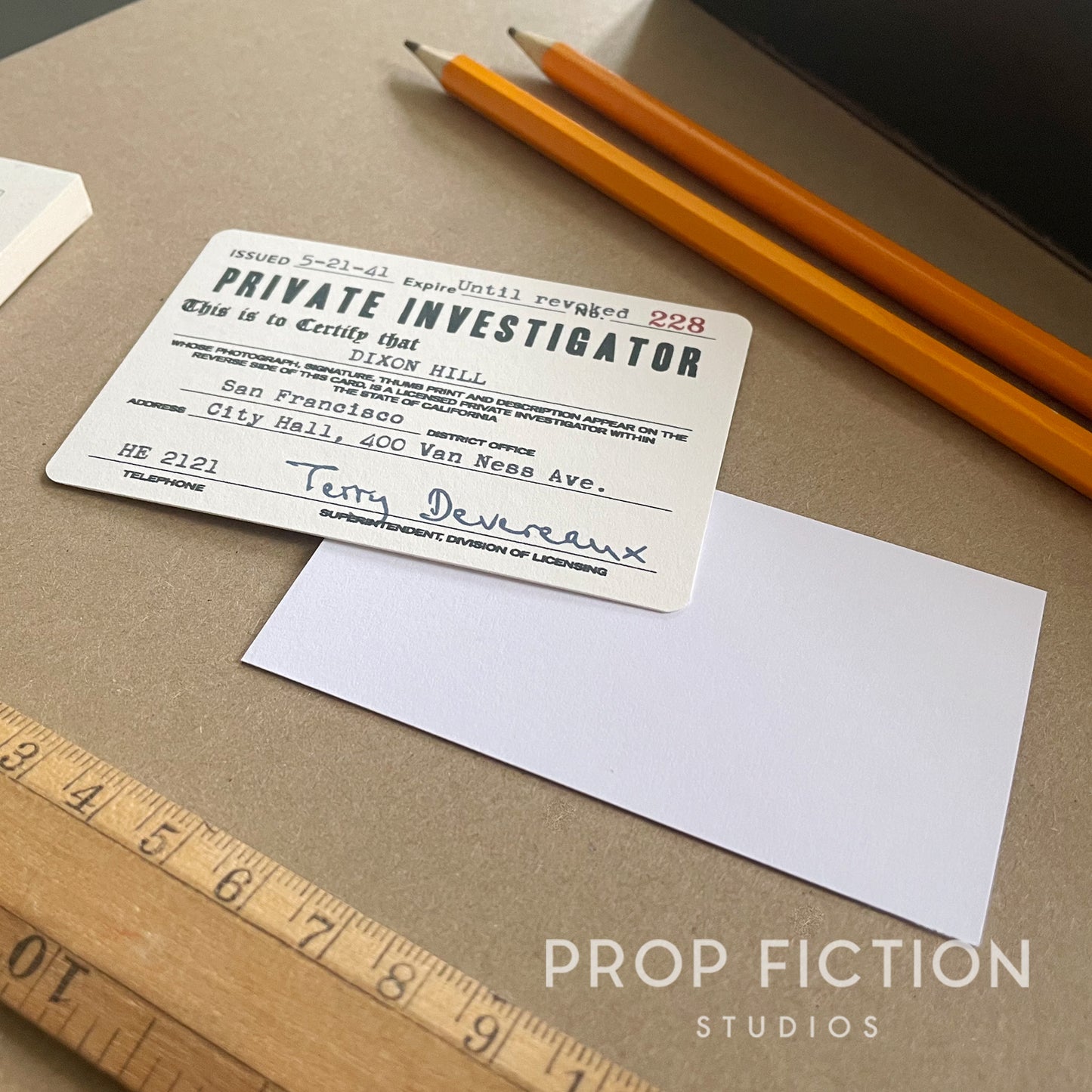 ST: TNG - Dixon Hill 1941 Display: Prop Private Investigator Licence / Historical 1940s Display Cards