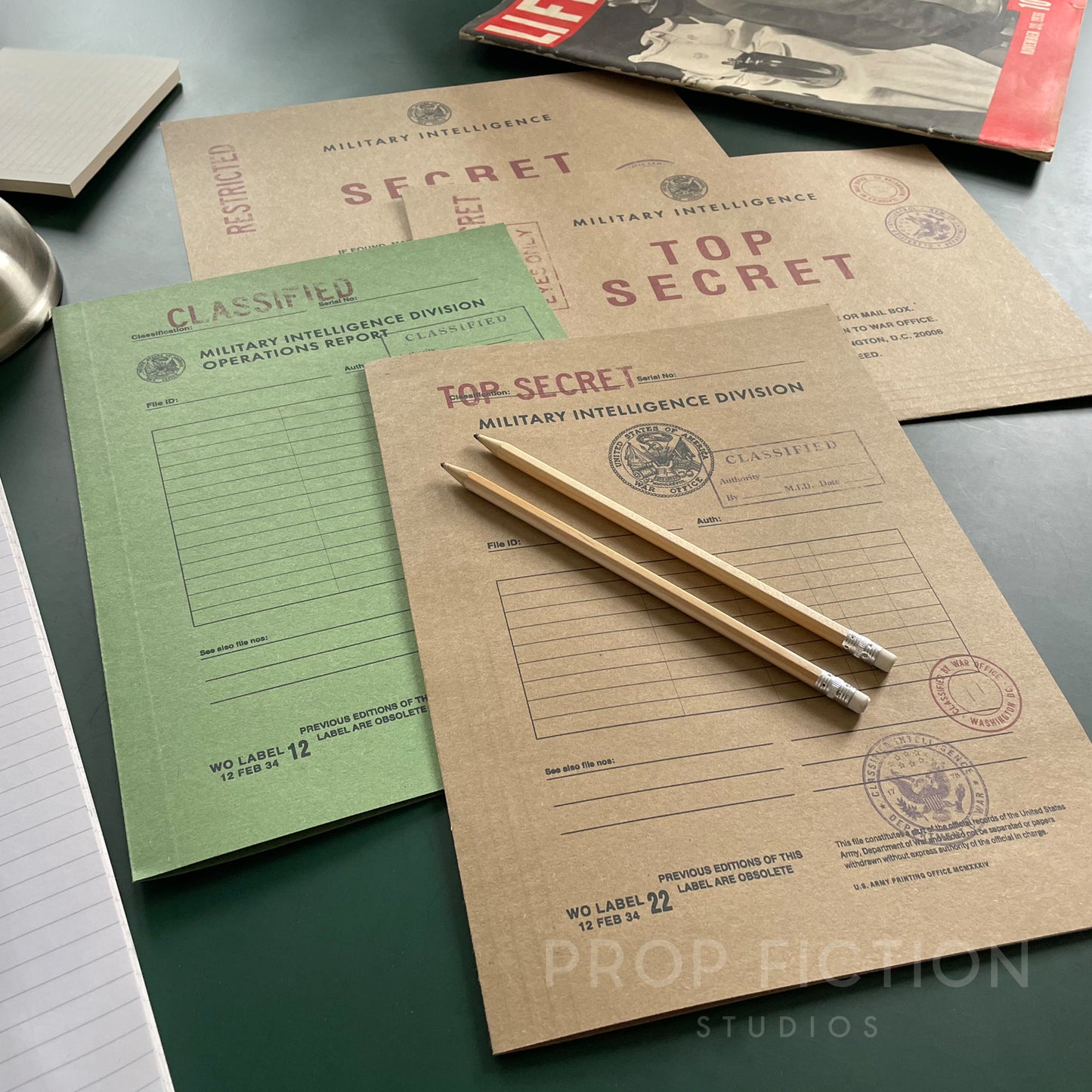 Movie Prop 1930s Military Files / 4 x US Army Intelligence WW2 Wartime Folder Set