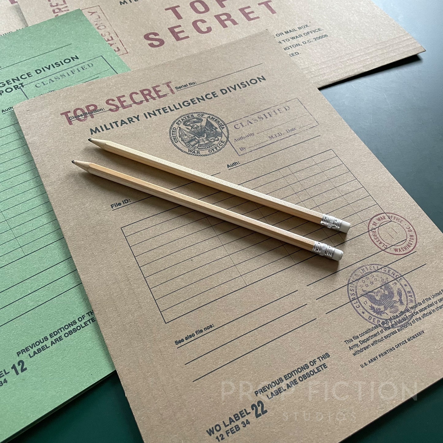 Movie Prop 1930s Military Files / 4 x US Army Intelligence WW2 Wartime Folder Set