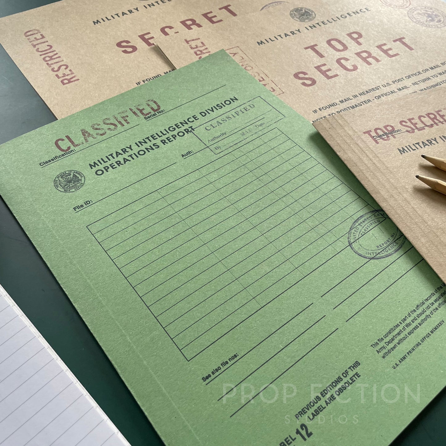 Movie Prop 1930s Military Files / 4 x US Army Intelligence WW2 Wartime Folder Set