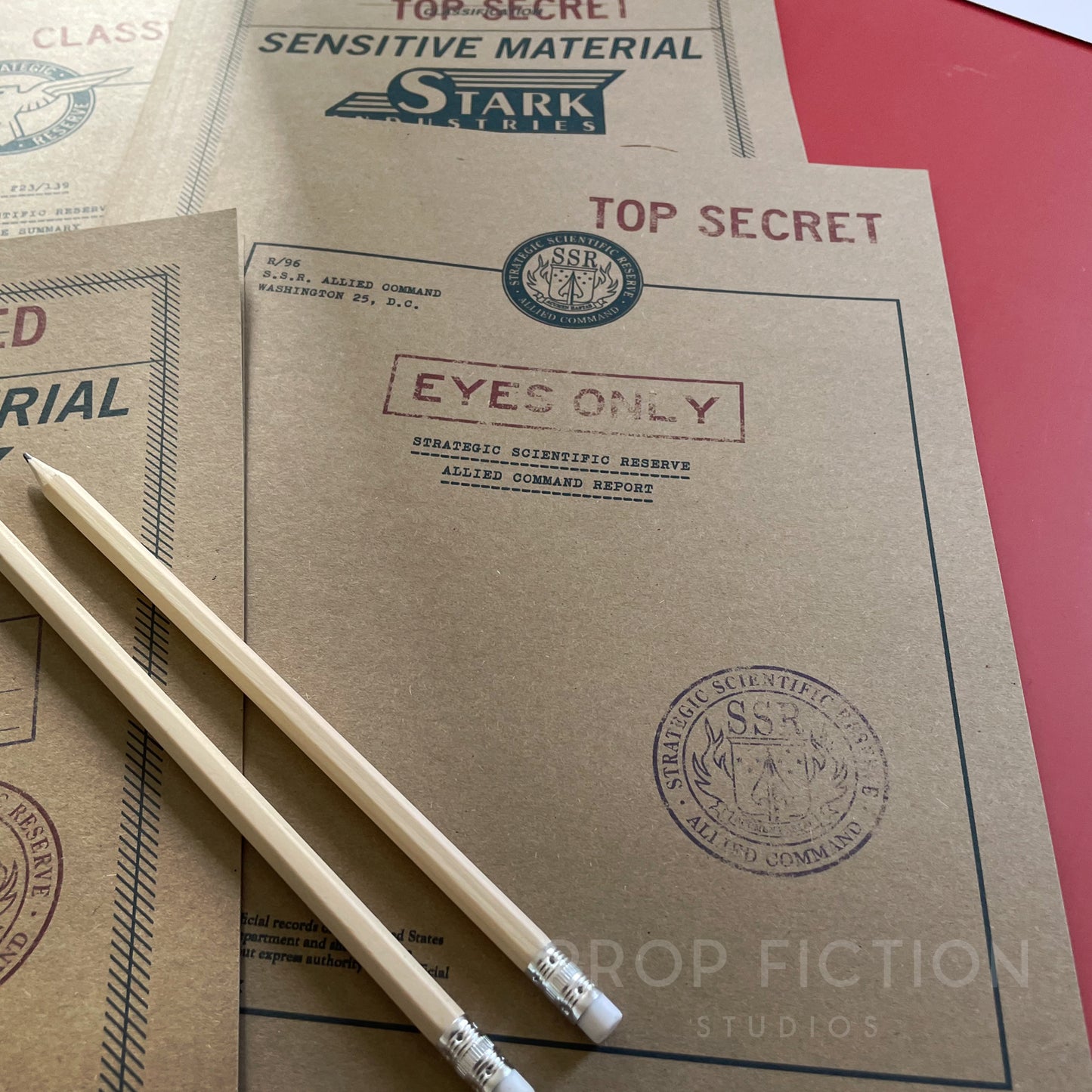 Movie Prop 1940s Secret Stark Research Files / 4 x Cosplay SSR Folder Set
