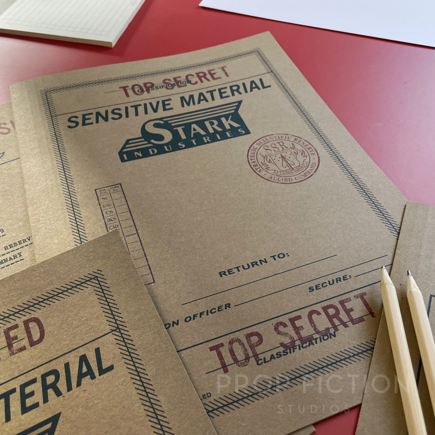 Movie Prop 1940s Secret Stark Research Files / 4 x Cosplay SSR Folder Set