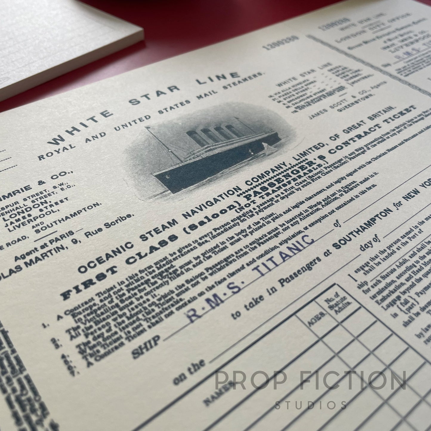 Titanic - Prop White Star Line 1912 First Class Ticket / Blank 1st Class Ticket