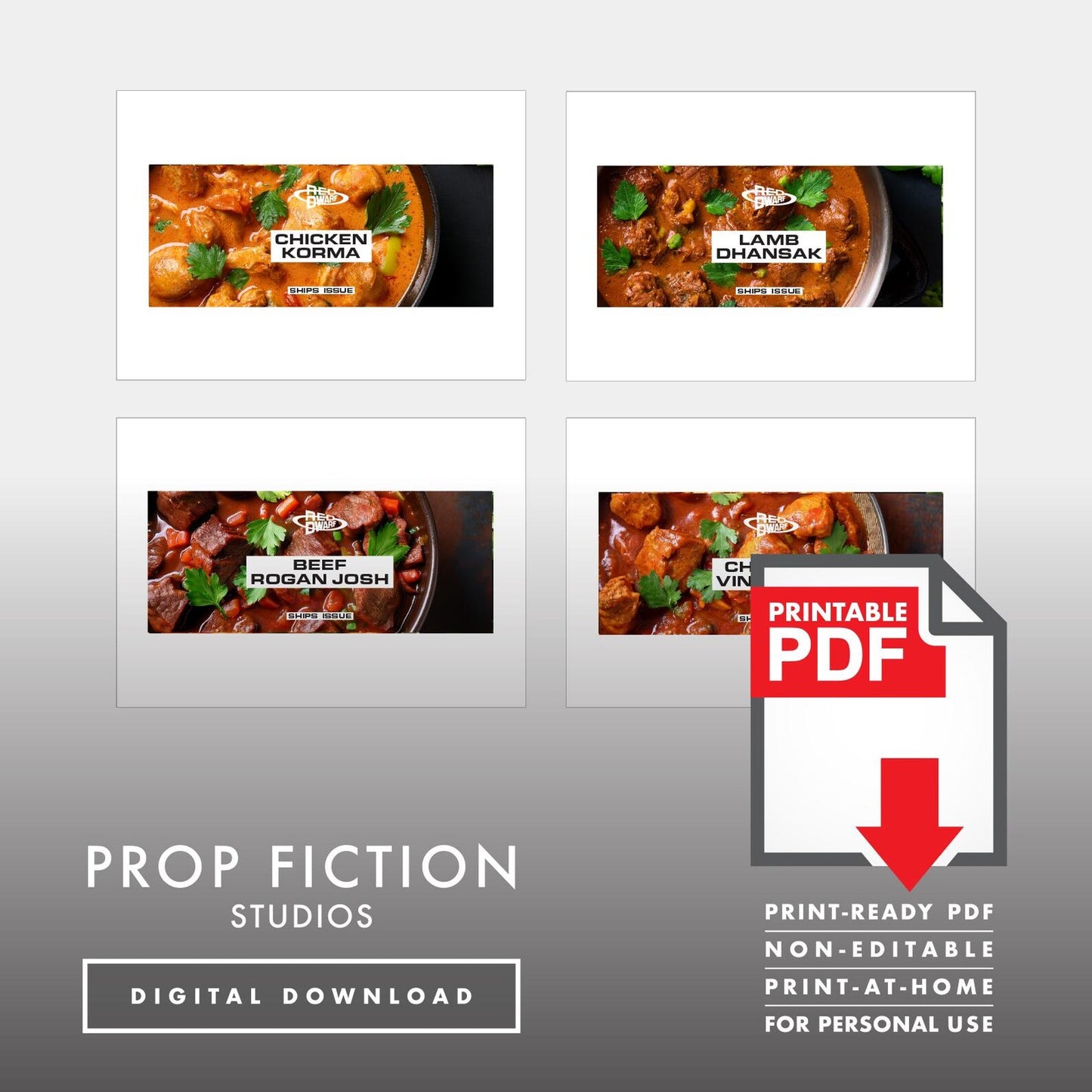 JMC Red Dwarf Ship's Issue Can Labels: Printable PDFs - Prop Curry / Indian Food Tin Cosplay Label Sets - Printable PDFs / Digital Downloads