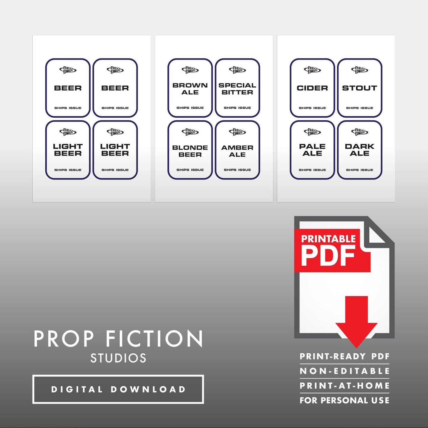 JMC Red Dwarf Ship's Issue Drinks Labels: Printable PDFs - Prop Bar / Beer / Bottle Cosplay Label Sets - Printable PDFs / Digital Downloads