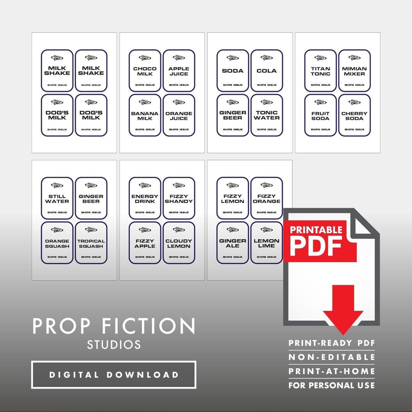 JMC Red Dwarf Ship's Issue Drinks Labels: Printable PDFs - Prop Bar / Beer / Bottle Cosplay Label Sets - Printable PDFs / Digital Downloads