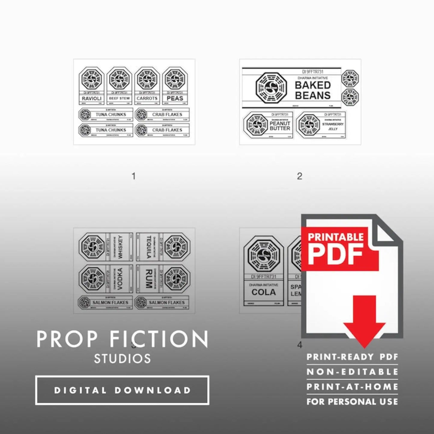 Lost Dharma Swan Station: Printable PDF - Dharma Prop Food Cosplay Label Set - Printable PDF / Digital Download