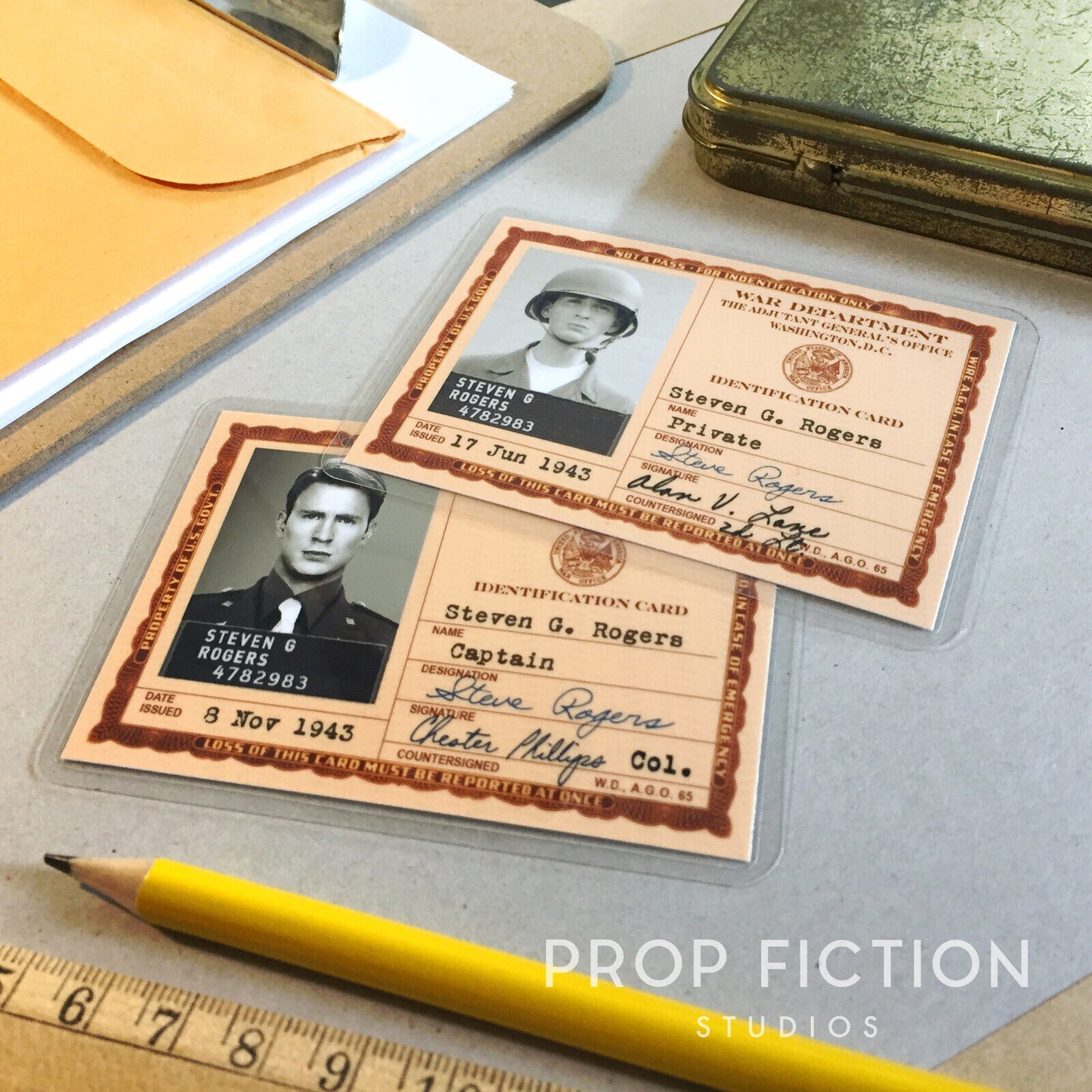 Historical Cosplay Display: Prop War Dept. Issue ID Cards / Pre & Post-Serum