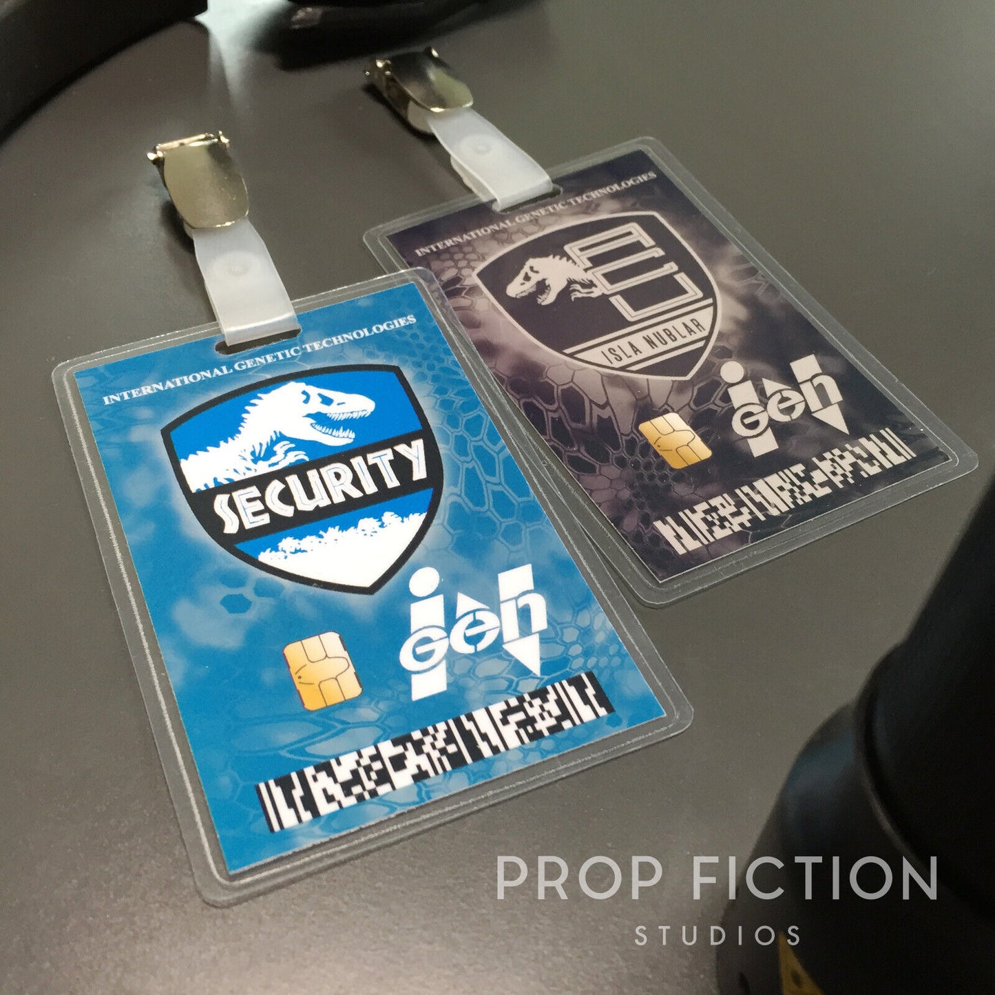 JPU / JW: Pair of InGen Security ACU Pass Clip-on Prop / Cosplay ID Cards