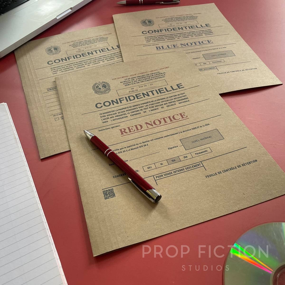 Movie Prop Classified Intelligence Files / 3 x Cosplay Red Notice Folder Set