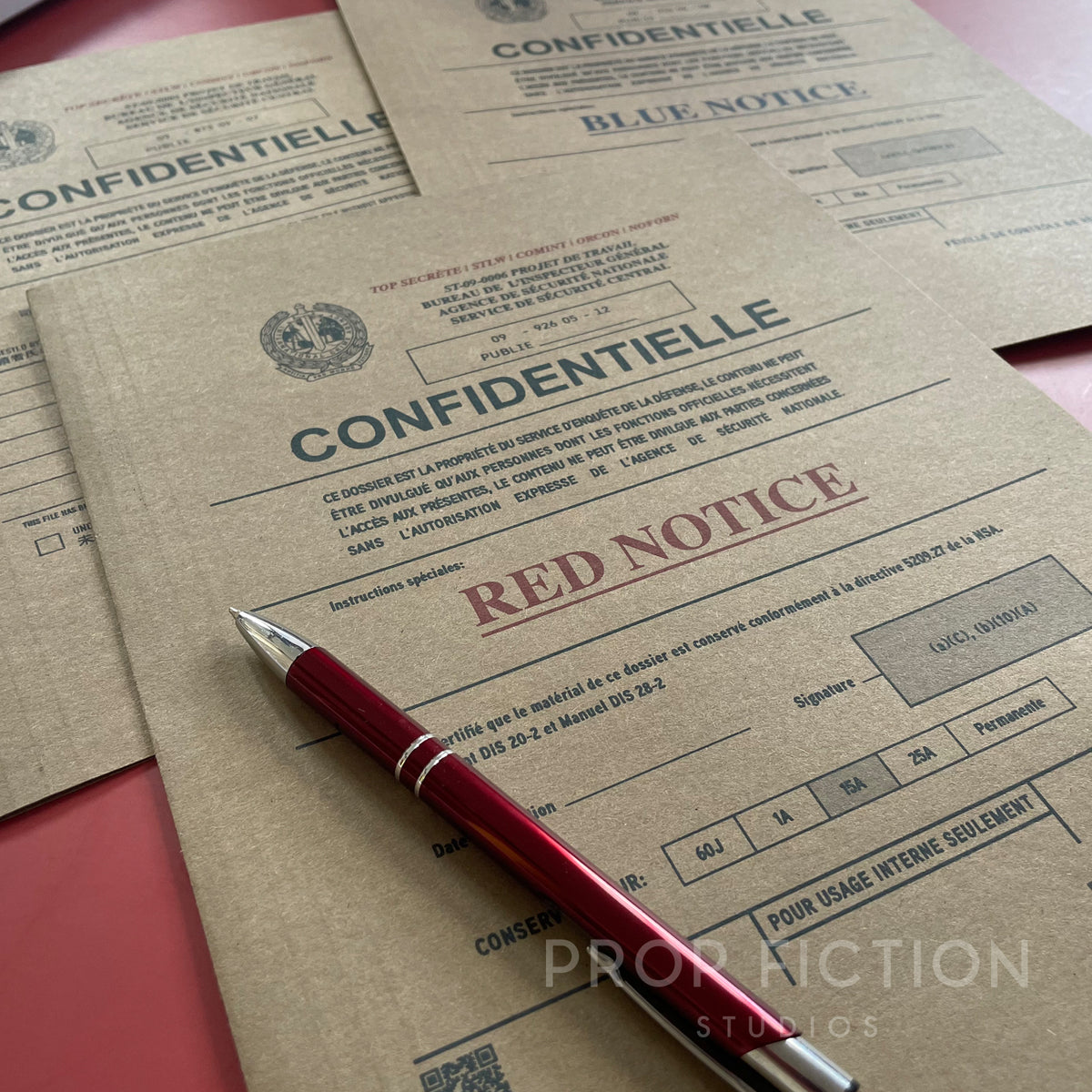 Movie Prop Classified Intelligence Files / 3 x Cosplay Red Notice Folder Set