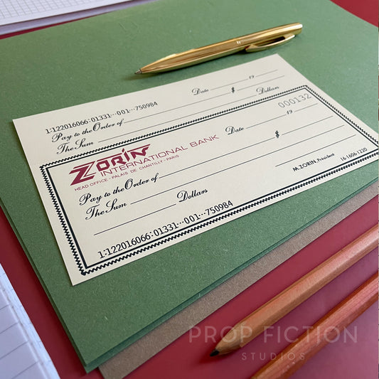 Cosplay Display: A View to a Kill - Prop Zorin Bank Cheque / Bank Check